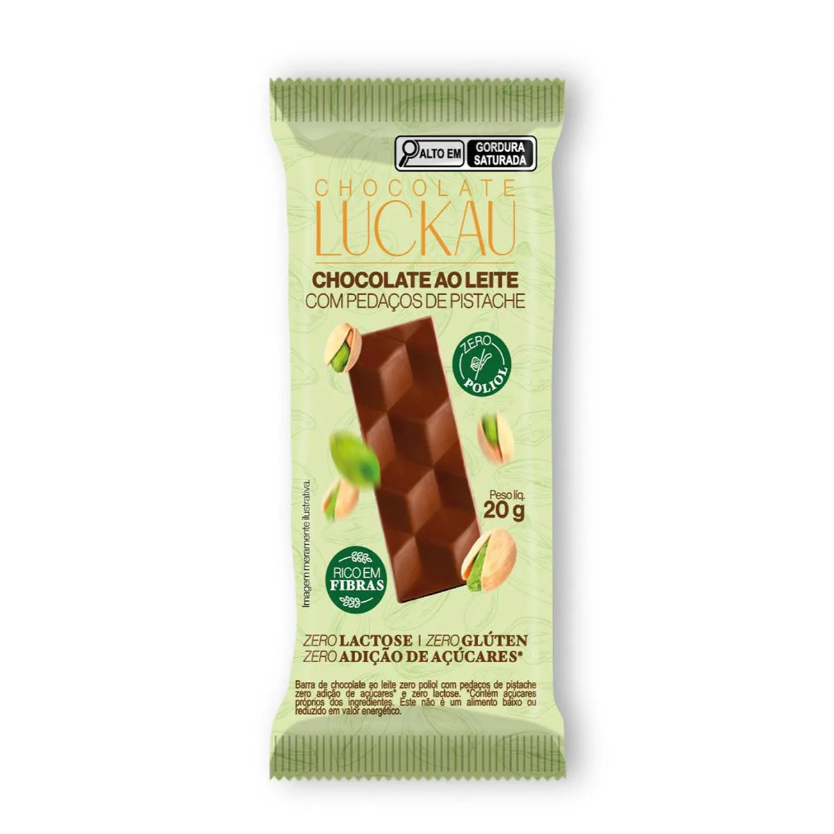 10503335 Choc Ao Leite c/ Pistache Zero Açúcar s/ Lactose 20g Luckau - Imagem 1